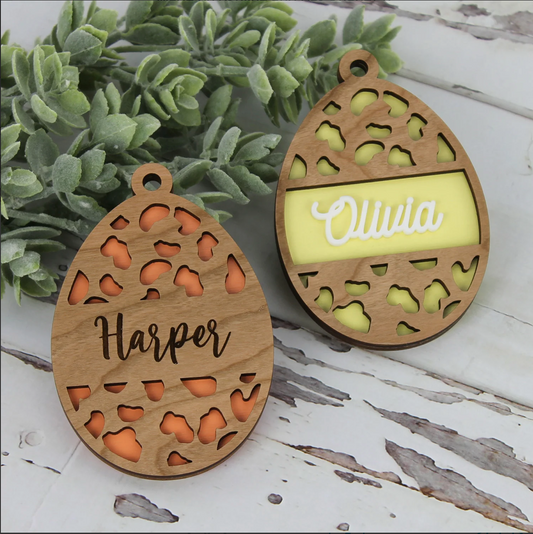 Double-sided Wooden Cheetah Print Egg Gift Tag *Personalized*