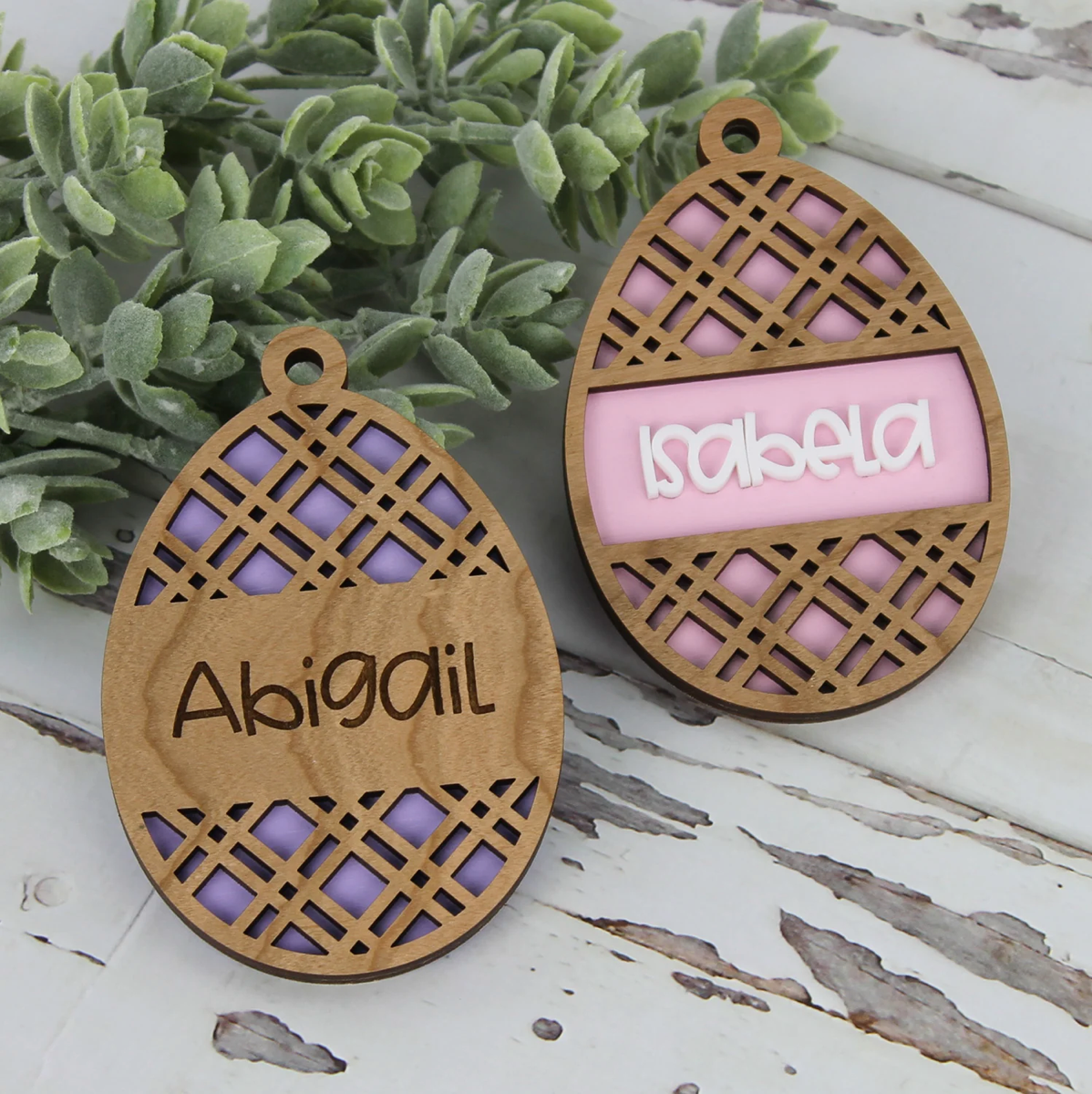 Double-Sided Wooden Diagonal Plaid Egg Gift Tag *Personalized*