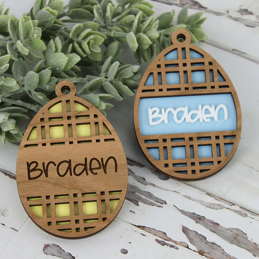 Double-Sided Wooden Plaid Egg Gift Tag *Personalized*