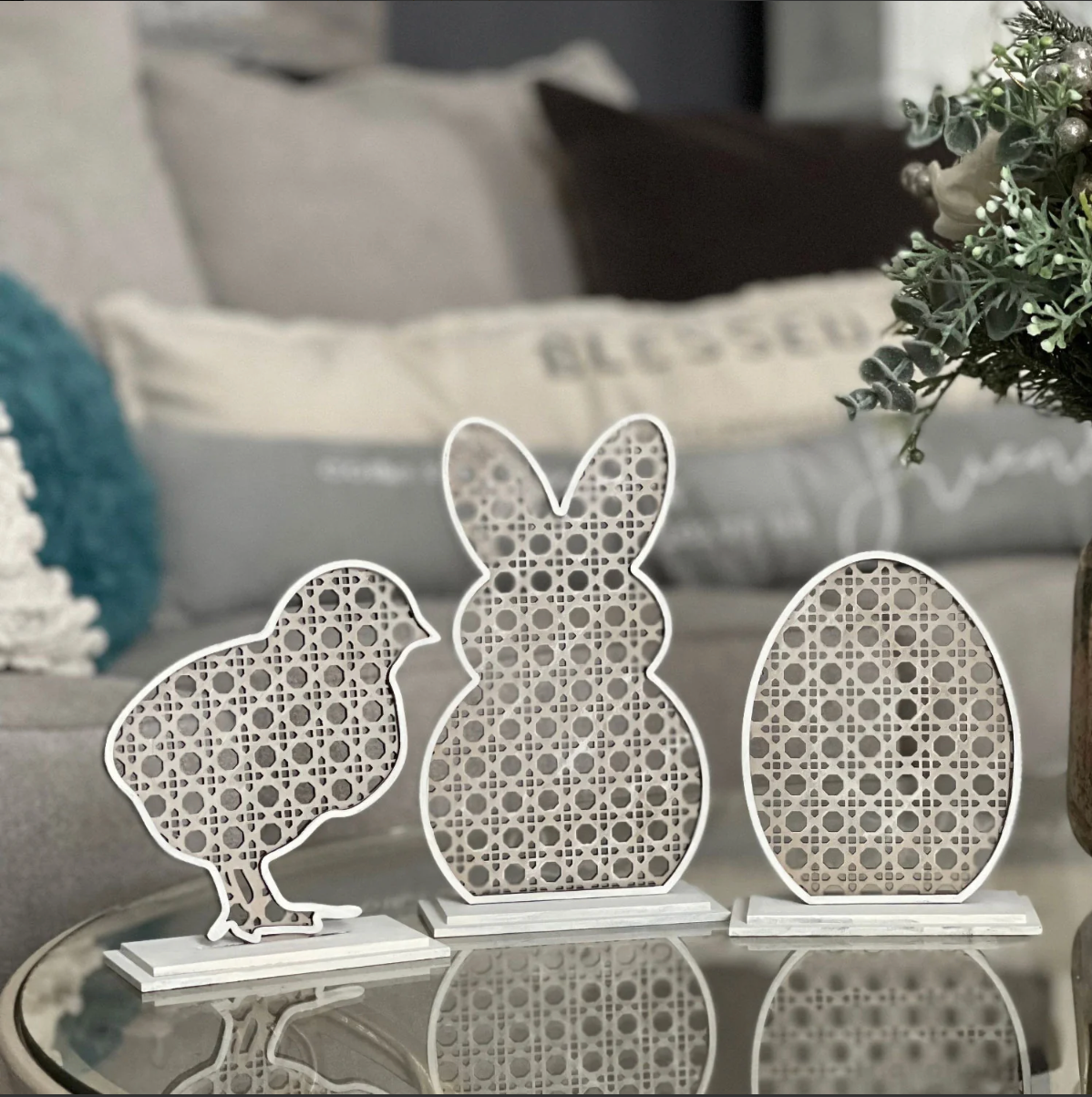 3 Piece Rattan Cane Easter Shelf Sitters