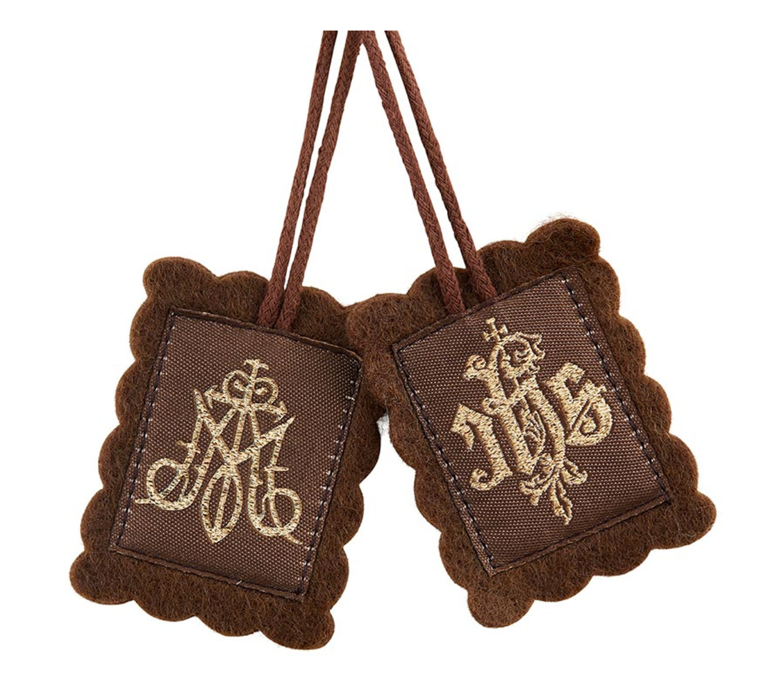 Scalloped Embroidered Brown Wool Scapular