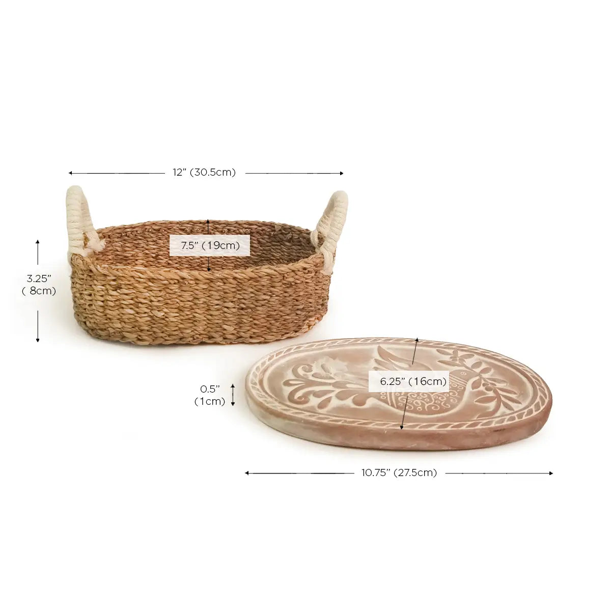 Handwoven Bread Basket & Terracotta Hot Plate - Bird w/Olive Branch