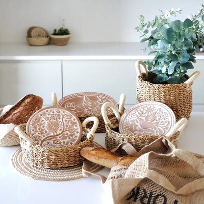 Handwoven Bread Basket & Terracotta Hot Plate - Bird w/Olive Branch