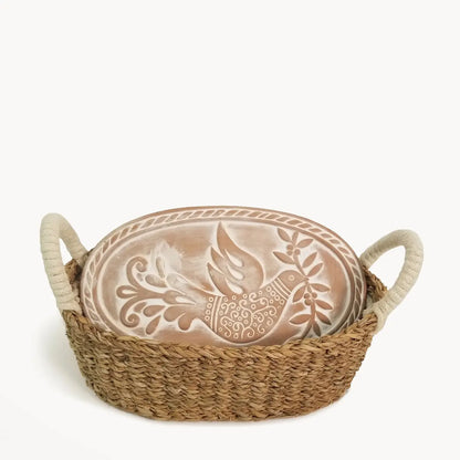 Handwoven Bread Basket & Terracotta Hot Plate - Bird w/Olive Branch