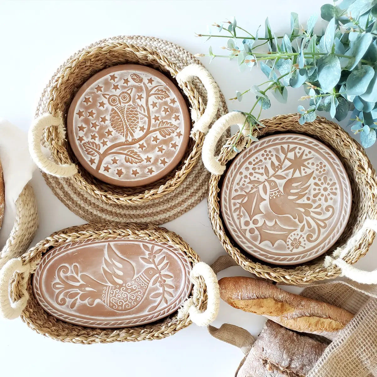 Handwoven Bread Basket & Terracotta Hot Plate - Bird w/Olive Branch