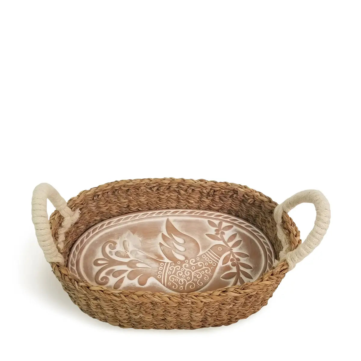 Handwoven Bread Basket & Terracotta Hot Plate - Bird w/Olive Branch