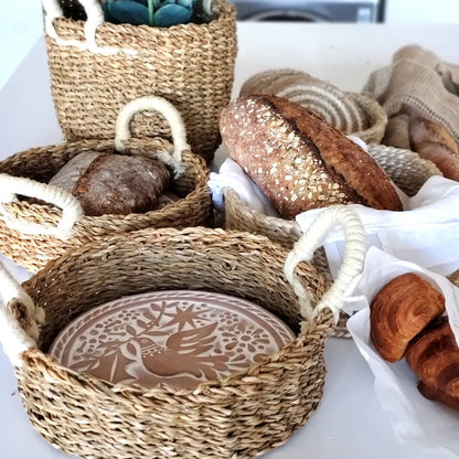 Handwoven Bread Basket & Terracotta Hot Plate - Bird w/Olive Branch